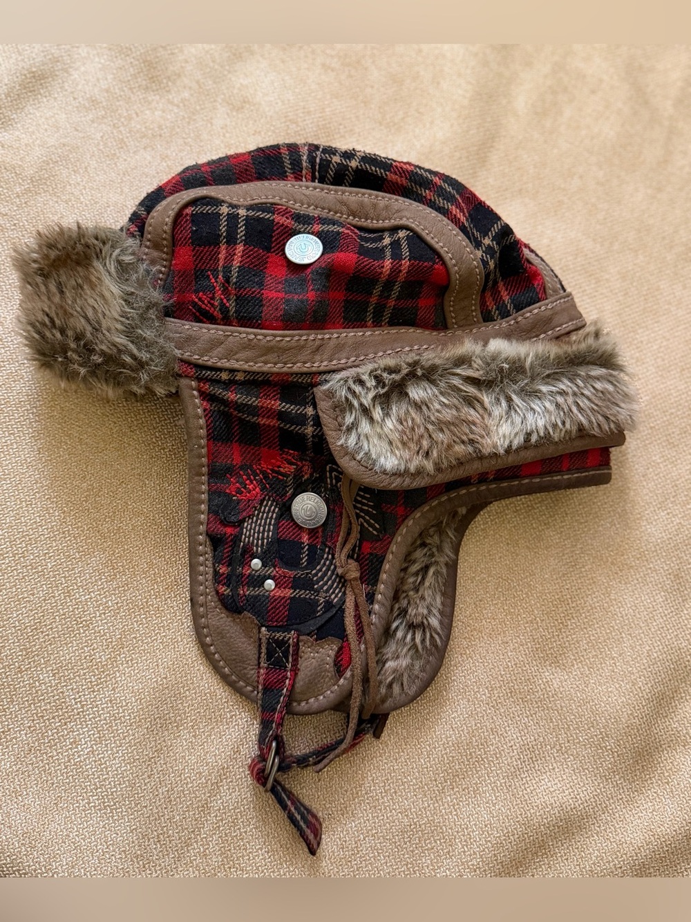 True Religion Brand Jeans Men's Plaid Trapper Hat Ear Flap Faux Fur L/XL